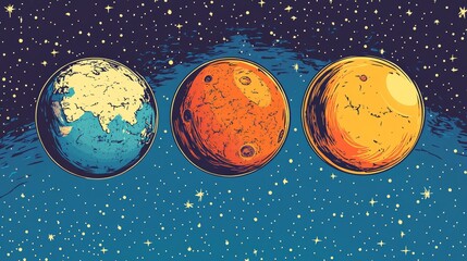Wall Mural - Mars earth and moon, planets of the solar system. Pop art retro vector illustration comic cartoon vintage kitsch drawing