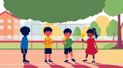 Portrait of active children holding trophies in sport day at school playground park background people and sport education concept sports Illustration