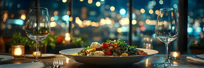 Delicious Meal Awaits on a Table Set for Two in a Restaurant with a Night City View