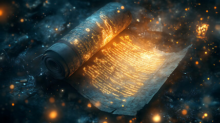 an ancient scroll unfurling in mid-air, with glowing symbols and text appearing as it opens