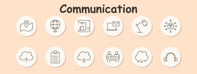 Communication set icon. Map, globe, desk lamp, cloud upload, cloud download, speech, list, email, laptop, network, connection, conference, broadcast, communication, headset, technology.