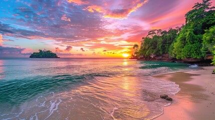 A breathtakingly beautiful sunset seaside scenery. The sky is ablaze with warm hues of orange, pink, and purple as the sun dips below the horizon. The waves gently lap at the shore, creating a soothin