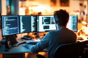 A back view of a programmer with glasses working on multiple screens filled with code in a modern, ambient-lit office environment.