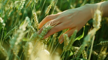 Canvas Print - A hand gently touches golden wheat stalks in a sunlit field, evoking a sense of connection with nature.