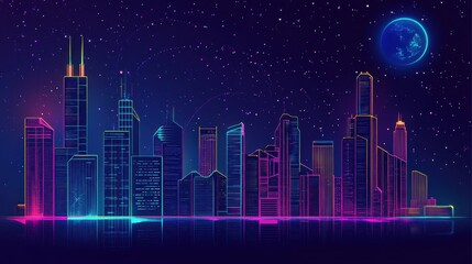 Wall Mural - A neon-lit cityscape with skyscrapers, a crescent moon, and stars against a dark night sky