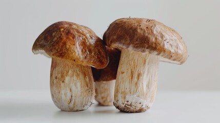 Wall Mural - A group of three mushrooms showcases their plump caps and sturdy stems against a soft white backdrop, emphasizing their natural, organic texture.