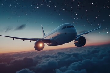 An Aircraft Soaring Through the Twilight Sky Above the Clouds, Illuminated by Stars During Evening Travel