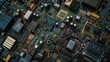 © VK Studio - An intricate close-up of dense and detailed electronic circuit elements and connections on a motherboard.