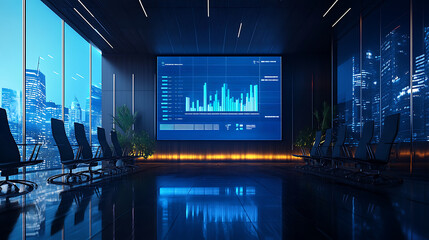 background with a modern conference room featuring a large screen displaying economic strategies