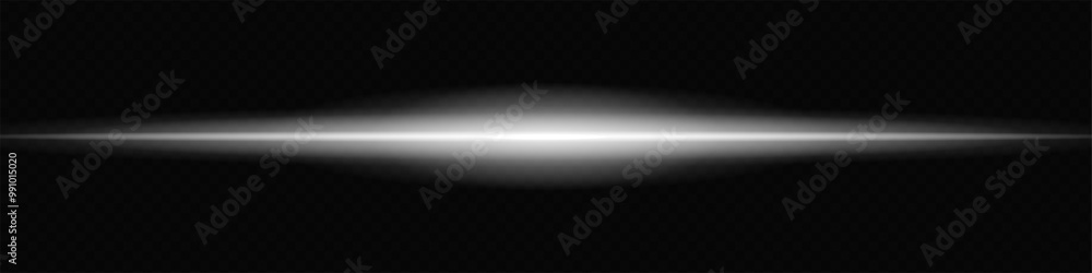 Glowing white laser beam horizontally across a dark transparent ...