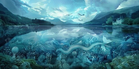 A lake with a reflection of the sky, overlaid with hand-drawn aquatic creatures like mermaids and underwater castles