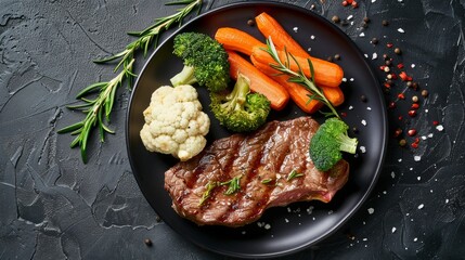 Wall Mural - A beautifully plated dish featuring a grilled steak, paired with vibrant vegetables like carrots, broccoli, and cauliflower, seasoned and garnished with herbs.