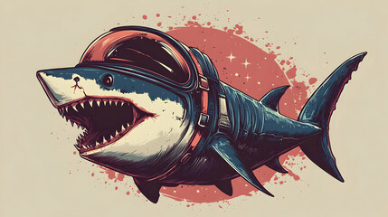 A quirky illustration of a shark wearing a space helmet, ready for underwater adventures, with a playful background.