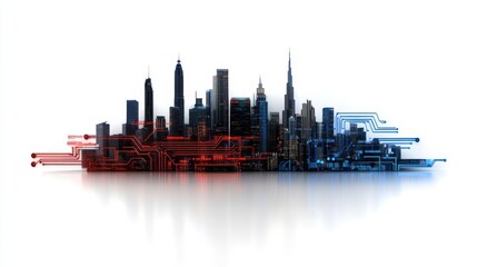 A futuristic city skyline blending technology and architecture, featuring digital circuits and urban silhouettes.