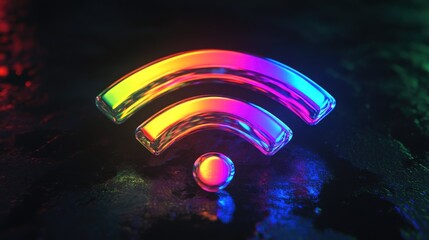 Poster - a neon rainbow-colored wifi symbol sits on a dark background, illuminating the textured surface with