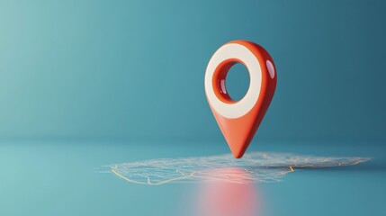 Red and white location pin floating over abstract city map, blue background.