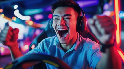 Male Gamer with Car Simulation Steering Wheel