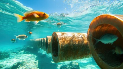 Underwater Scene with Fish and Pipes in Clear Water