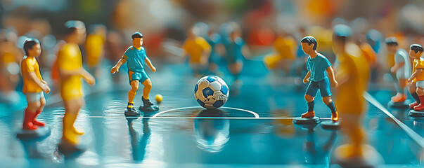 Miniature football players on a blue field with a ball in the center of the field