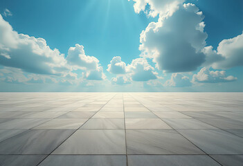 Tiled Floor and Blue Sky with Clouds