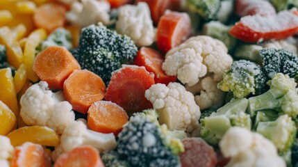 Canvas Print - A colorful assortment of frozen vegetables including broccoli, cauliflower, carrots, and bell peppers, captured up close with frosty details.