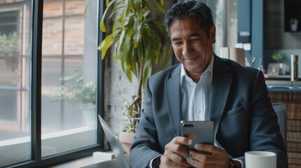 Sticker - A smiling man in a gray suit is seated at a table, engrossed in his phone, highlighted by natural light in a modern, cozy workspace.