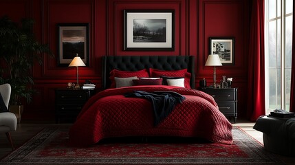 A stylish bedroom featuring a dark red bedspread, accented by modern decor elements