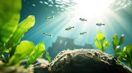 Underwater Scene with Fish and Green Plants