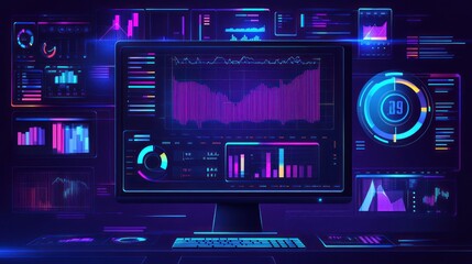 Wall Mural - neon glowing computer desktop with futuristic digital dashboard with various graphs, charts, and dat