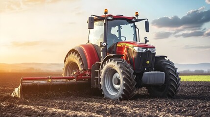 Red tractor plowing field at sunset, capturing agricultural machinery in action.