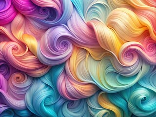 Vibrant, abstract swirls of curly hair strands in pastel shades dance across a soft, gradient background, creating a mesmerizing and trendy hair styling-inspired wallpaper design.