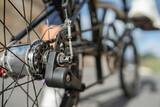 close up view on bike wheels, outdoor activity, biking concept