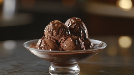 Wall Mural - Gourmet chocolate ice cream in a dish on a polished table, with artistic drizzles of syrup.