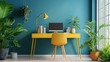© B 7 YOU - Modern home office with yellow desk, chair and lamp, teal wall and plants.