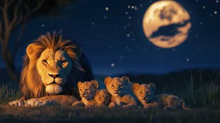 A lion with his three cubs resting in the grass under a full moon.