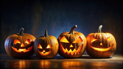 Wall Mural - Spooky Halloween pumpkins glowing in the dark, Halloween, pumpkins, spooky, dark, night, autumn, fall, celebration