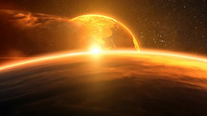 Wall Mural - earth planet spinning stunning outer space sunrise with fiery sunlight over alien planet horizon in 
