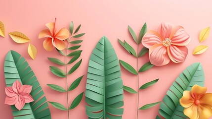 Wall Mural - 3D leaf and flower, detailed botanical illustration, flat design illustration