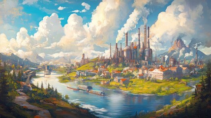 A painting depicting a large factory with smoke stacks in the middle of a town on a river.