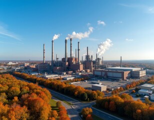 Aerial View of Industrial Complex with Fall Foliage