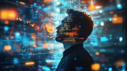 Wall Mural - silhouette of a man with a beard, partially obscured by a digital interface.