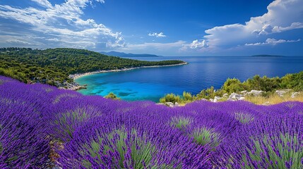 Wall Mural - lavender fields in bloom on Island with crystal clear sea 