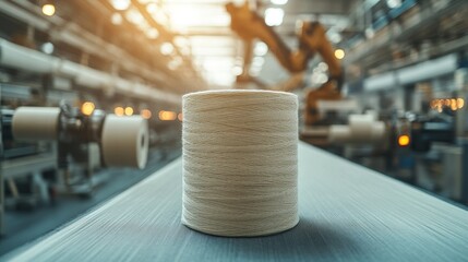 Wall Mural - Light brown spool with clear texture, exposed to sunlight on the surface of the spool. The presence of robotic arms in the background adds an atmosphere of modern industrial equipment.