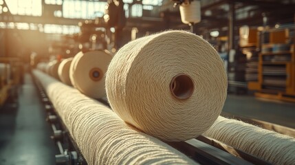 Wall Mural - Light brown spool with clear texture, exposed to sunlight on the surface of the spool. The presence of robotic arms in the background adds an atmosphere of modern industrial equipment.