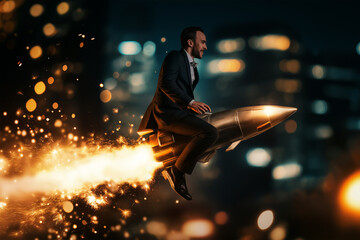 Businessman riding a rocket to achieve your dreams, business space, corporate universe