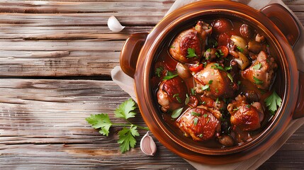 Make an elegant French coq au vin dish with red wine sauce, styled with ample space for text.