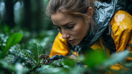 Jungle Explorer: A woman wearing a yellow jacket and black gloves kneels in the lush, green undergrowth of a dense rainforest, her gaze focused intently on a small creature.