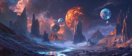 Poster - A vibrant cosmic landscape with planets, towering rock formations, and a mystical river.