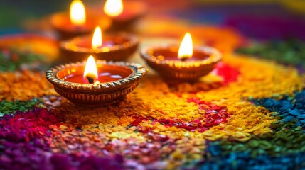 Indian festival Diwali, Diya oil lamps lit on colorful rangoli. Hindu traditional. Happy Deepavali. Copy space for text