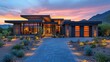 © Ta - Upscale Arizona home at dusk, LED lights illuminate the driveway.